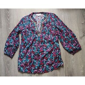 Charter Club‎ Luxury 100% Linen Women's Floral Printed Rhinestone V-Neck Size XS